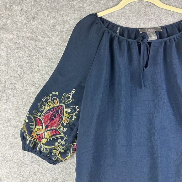 Olivia & Martin Woven Top Womens M Blue Embroidered Sleeves Boho Pullover Blouse - Picture 4 of 12